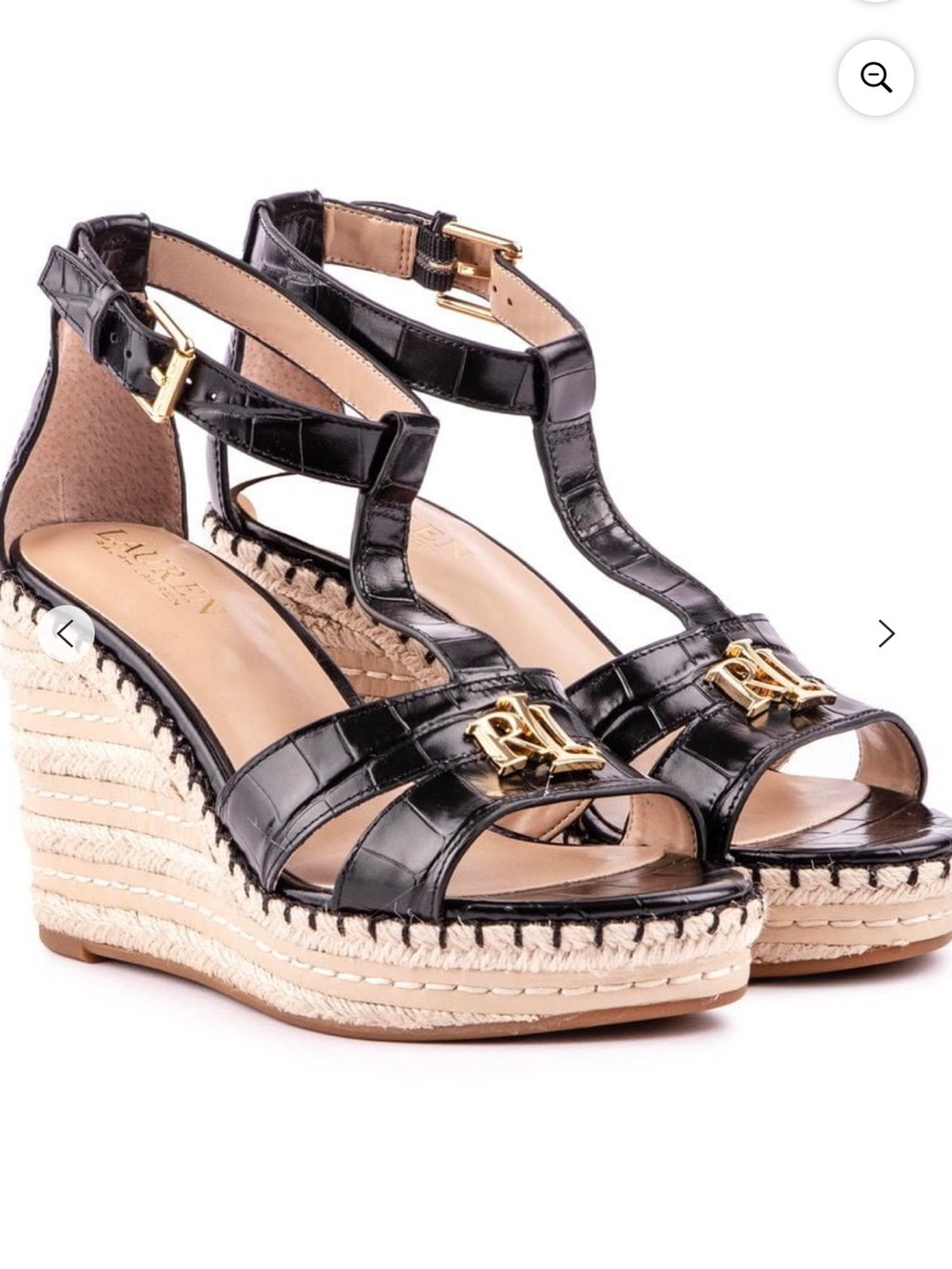 Ralph Lauren Black Croc-Embossed Espadrille Wedge Sandals with Size 6.5